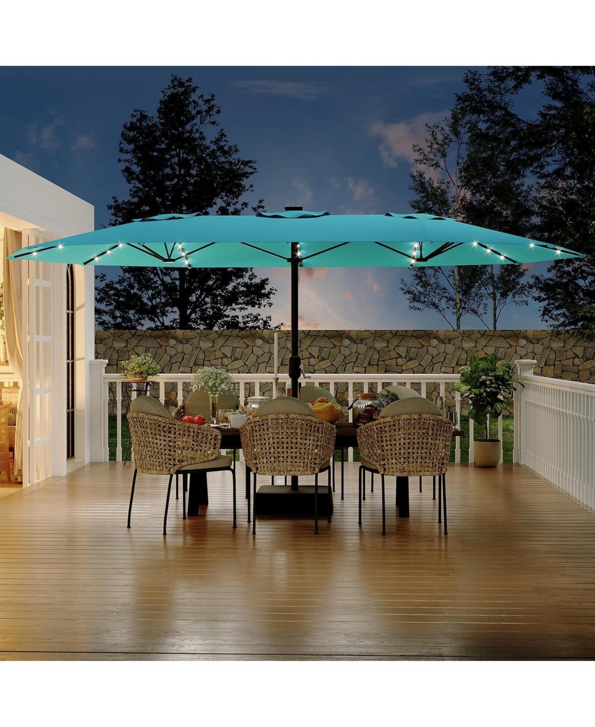 homfan 15FT Double-Sided Patio Umbrella with Solar Led Lights and Base, Uv Waterproof Canopy, 12 Ribs, Double-Layer Fabric, Heavy Frame