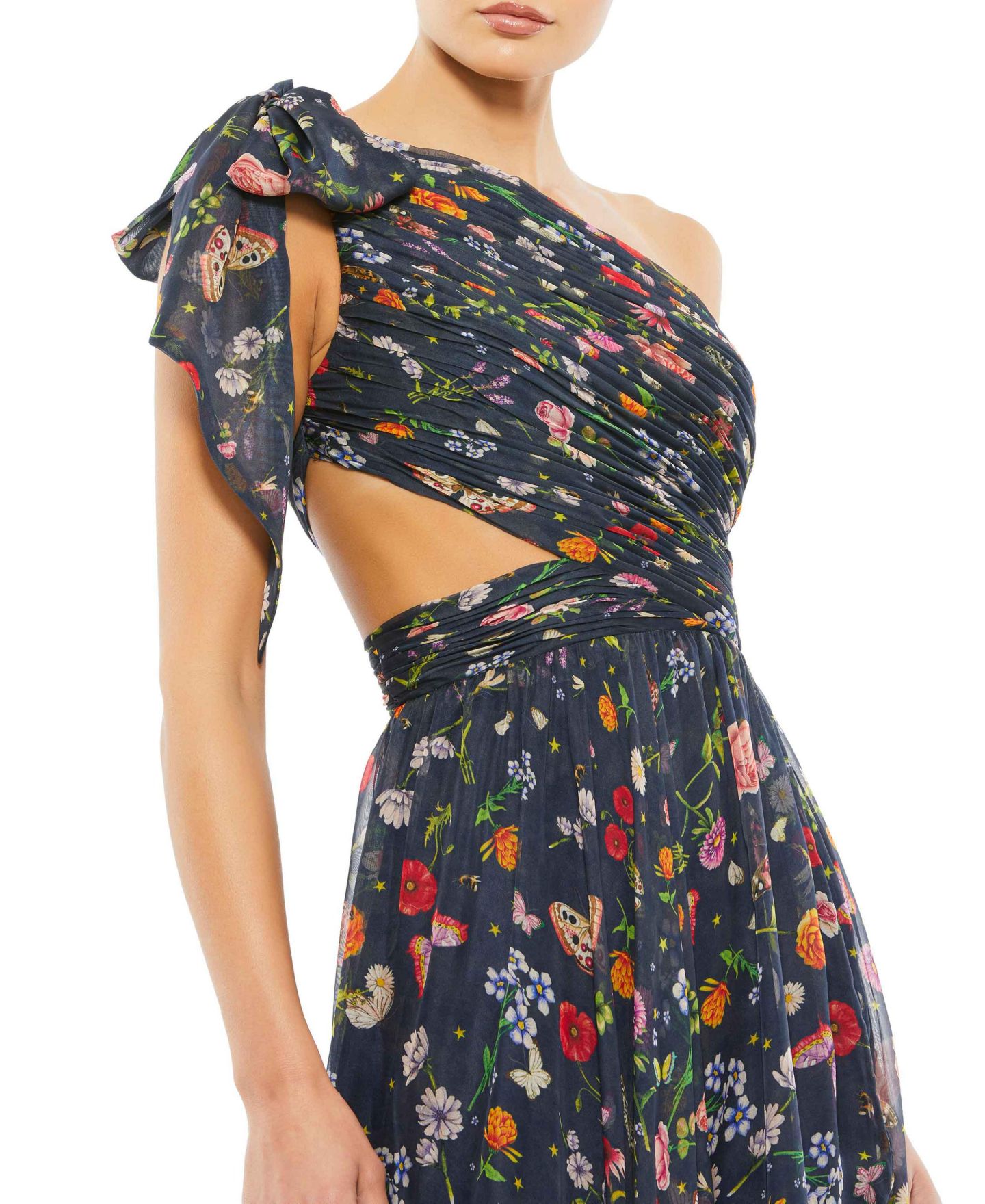 Женское платье Mac Duggal Tied One Shoulder Cut-Out Flowy Gown, цвет: Тёмно-синий разноцветный — фото 5