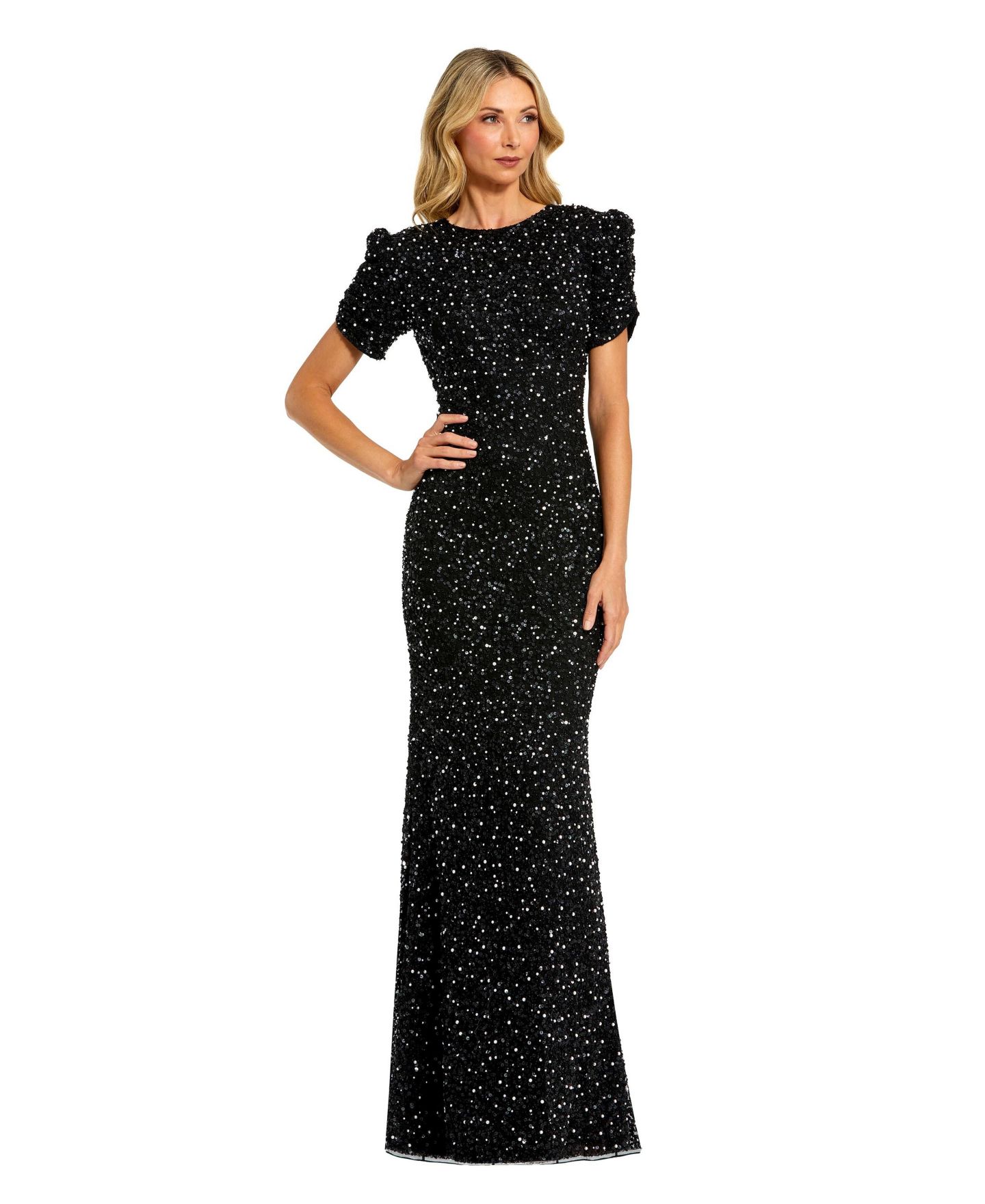 Женские платья Mac Duggal Gathered Short Sleeve Beaded Gown, цвет: Чёрный — фото 1