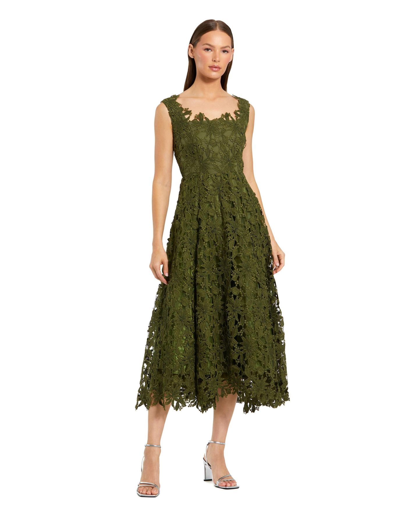 Женское платье Mac Duggal Sleeveless Embroidered Lace A Line Midi, цвет: Армейский зелёный — фото 1