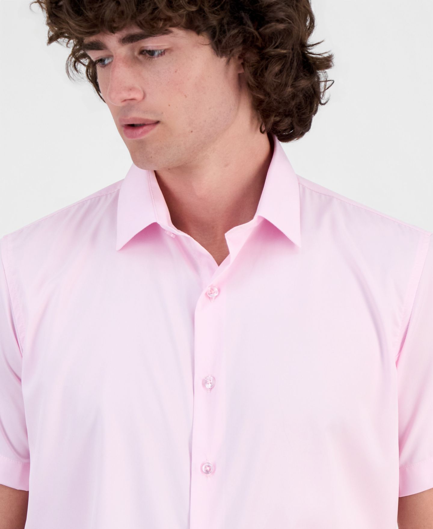 Мужская рубашка Suslo Couture Slim-Fit Four-Way Stretch Solid Short-Sleeve Dress Shirt, цвет: Розовый — фото 3