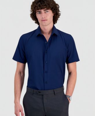 Men's Slim-Fit Four-Way Stretch Solid Short-Sleeve Dress Shirt 