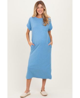 Maternity Dusty Blue Pocket Front Midi T-Shirt Dress