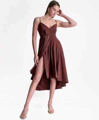 bcbg asymmetrical satin wrap dress Women's Sweetheart Midi tie waist Asymmetrical hem