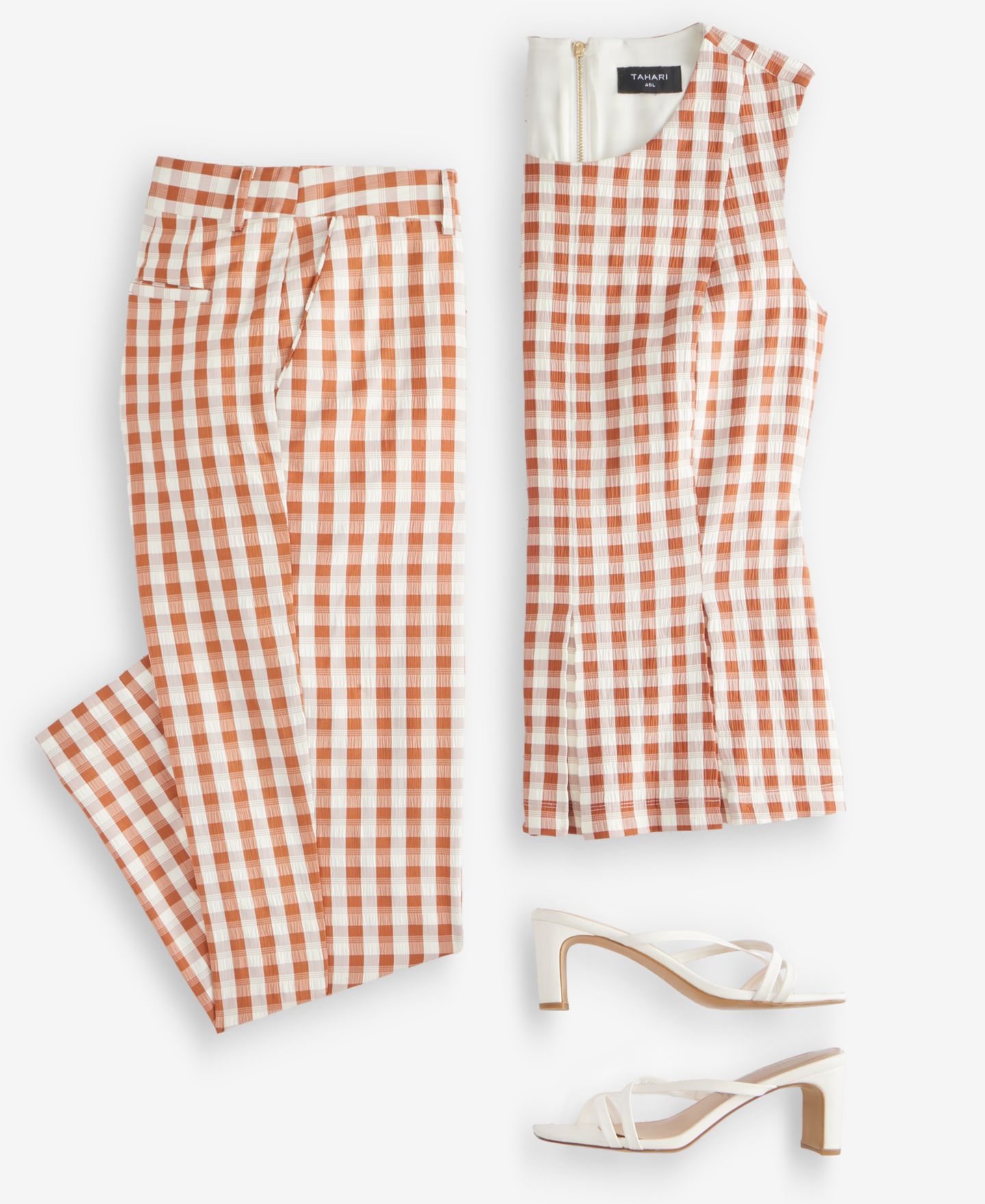 Женские комплекты Tahari ASL Gingham Sleeveless Peplum Top & Gingham Cropped Slim Pants, цвет: Коричная слоновая кость — фото 4