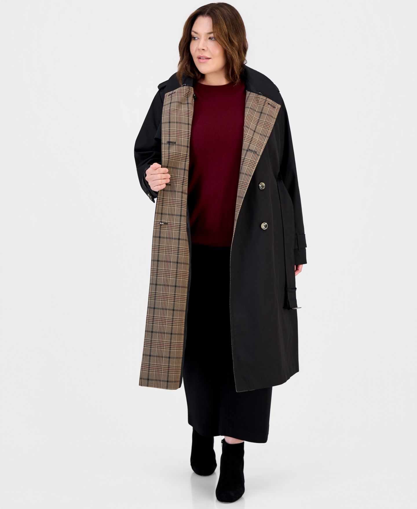 Женское пальто London Fog Plus Size Plaid Collar Belted Trench Coat, Created for Macy's, цвет: Чёрный — фото 2