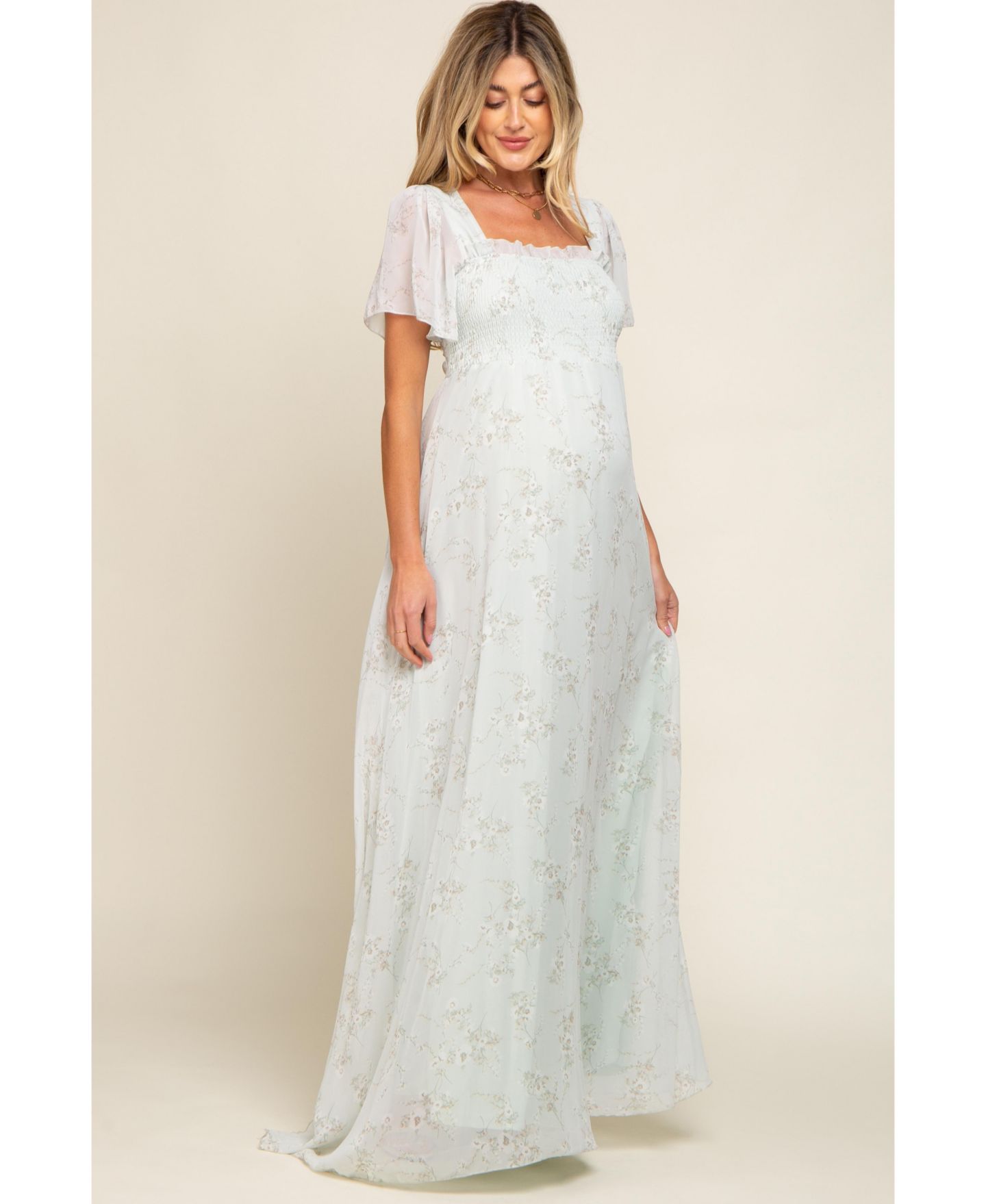 Женское платье Pinkblush Floral Smocked Chiffon Maxi, цвет: Мятный зелёный — фото 4