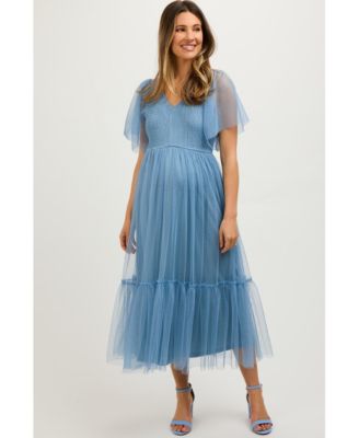 Maternity Dotted Tulle Smocked Midi Dress