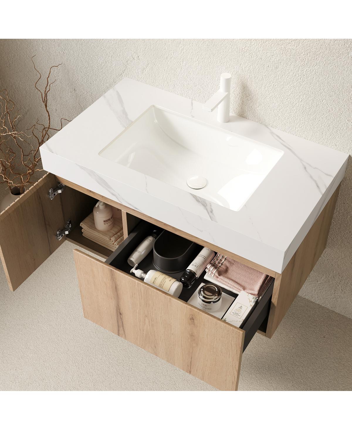 Sillysis Wall Mounted Bathroom Vanity with Carrara Sintered Stone Top, Undermount Ceramic Sink