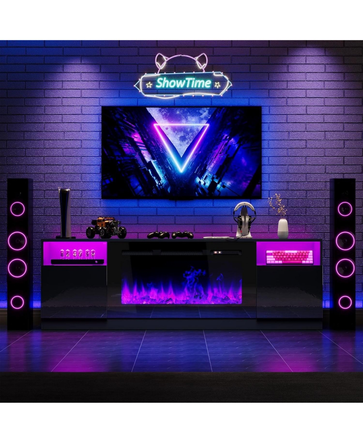 gaomon Fireplace Tv Stand for TVs , Entertainment Center with Electric Fireplace, Led Lights and Cabinets