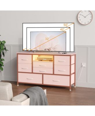 47" TV Stand Dresser with 8 Fabric Drawers, RGB LED Lights and Power Outlets, Wood-Top Console for TVs up to 55