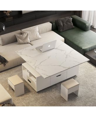 Lift-Up Coffee Table with 2 Stools, Storage, Folding Dining