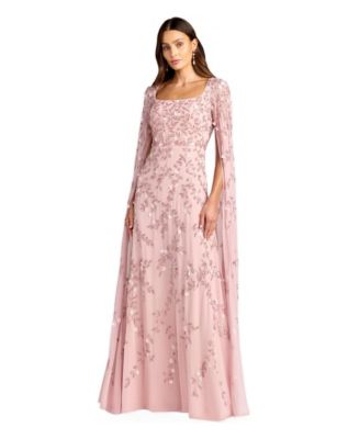 Petite Embellished Cape Sleeve A-Line Mesh Maxi Gown