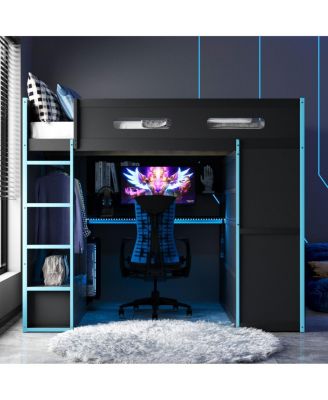 Wood Loft Bed w/Desk, Wardrobe, Storage, RGB Light