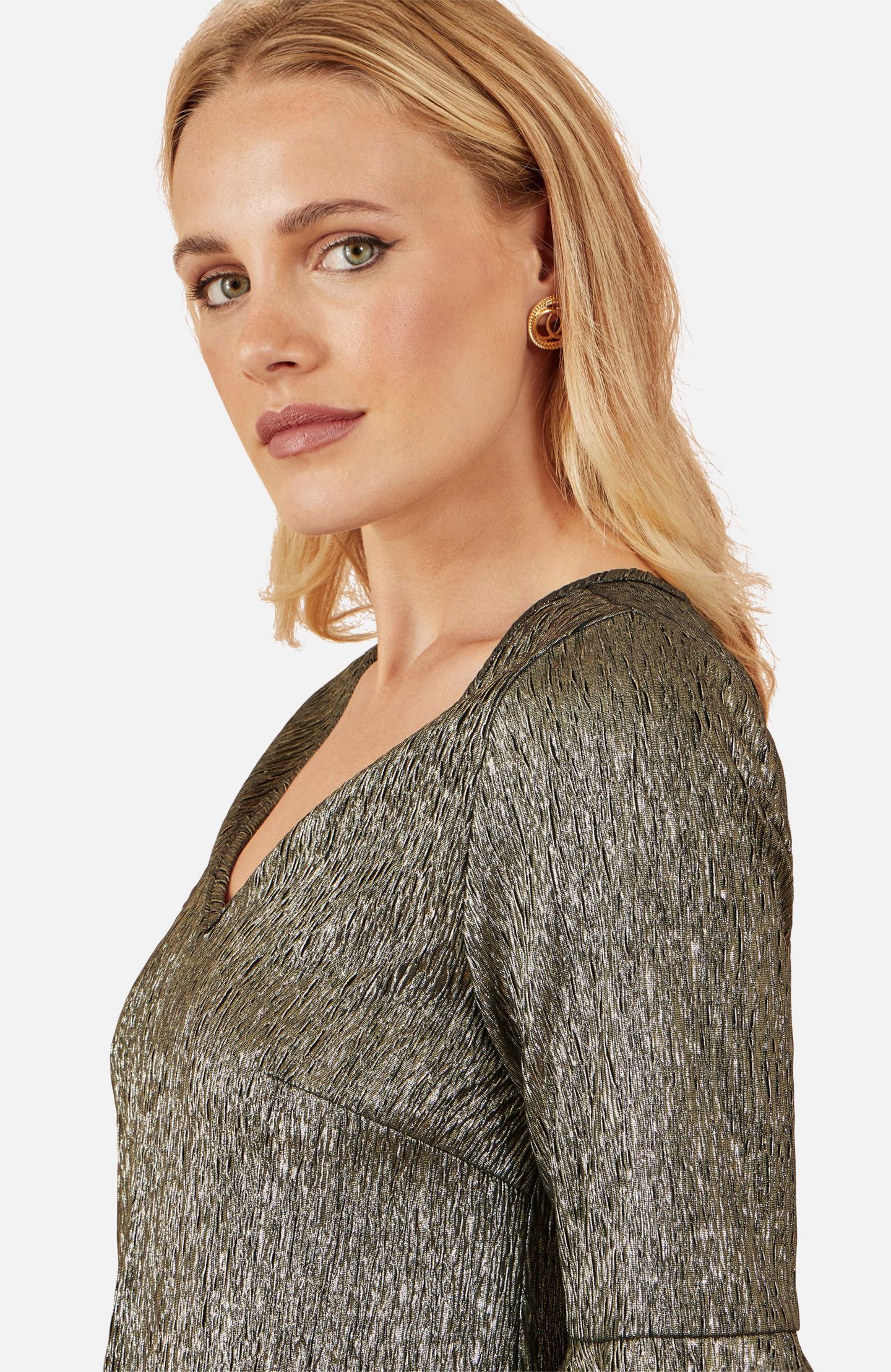 Женский топ Yumi Fluted Sleeve Metallic Stretch, цвет: Золотой — фото 6