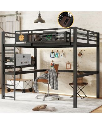 Metal Loft Bed with Desk, Storage, Clock, and Charging Port