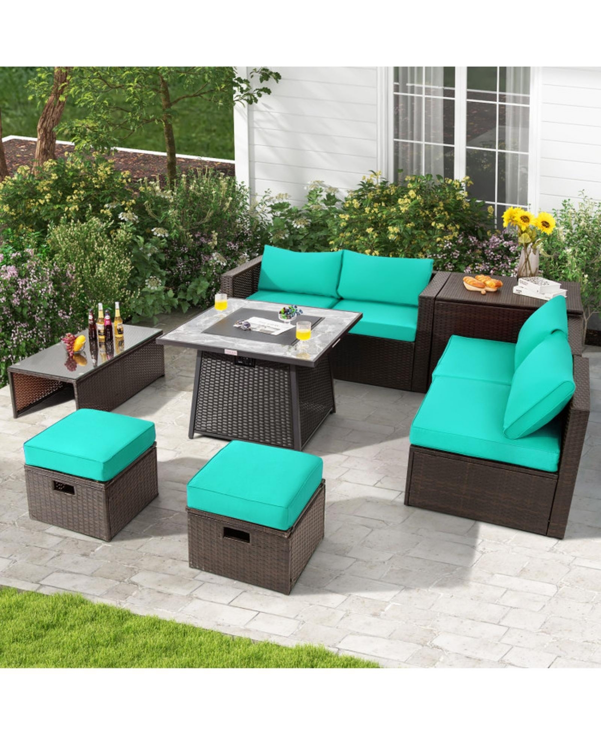 Gouun 9 Piece Outdoor Pe Wicker Sectional Conversation Set with 50000 Btu Propane Fire Pit Table