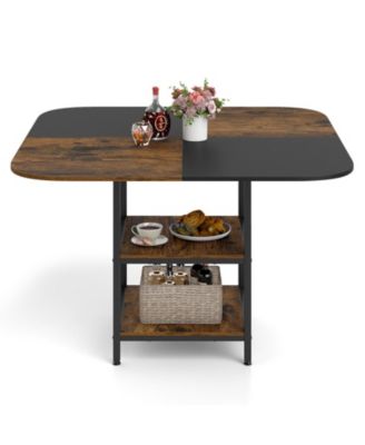 Square Dining Table w/Double-colored Splice Desktop 2-Tier Storage Shelves