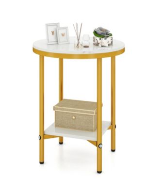 Tier Round Side Table w/Storage Shelf Gold Metal Frame for Living Room