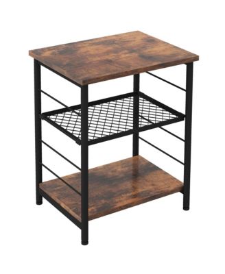 3-Tier Side Table Industrial End Table w/ Adjustable Height Metal Mesh Shelf