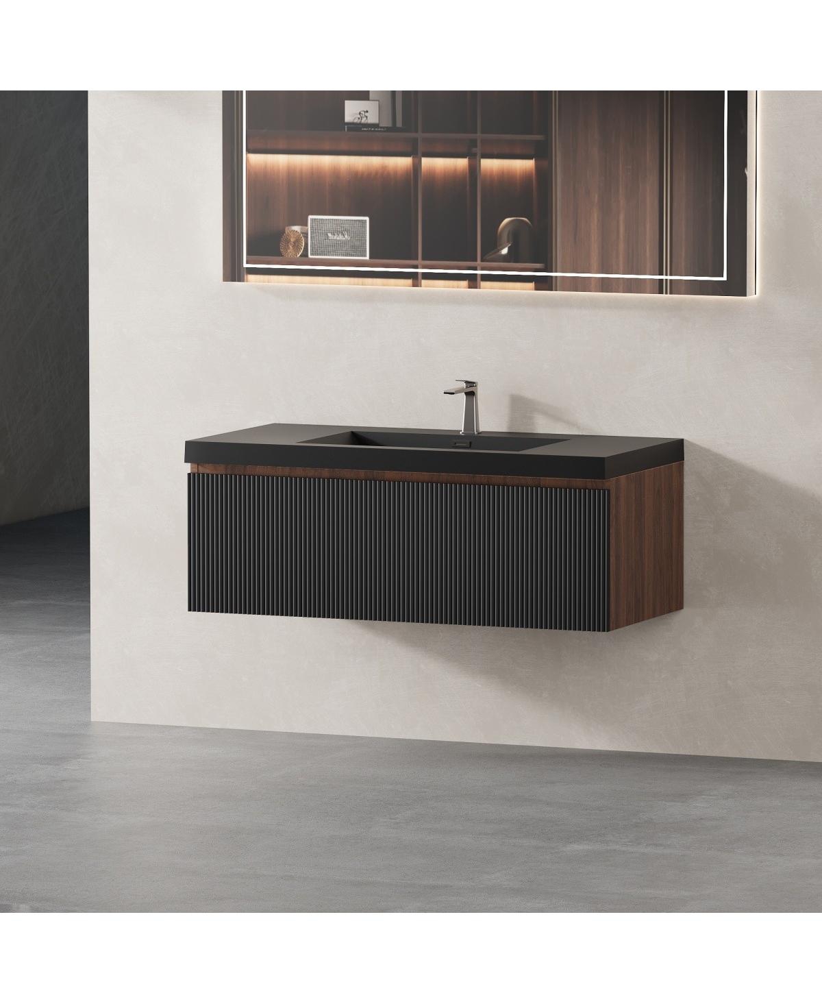 Sillysis Wall Mounted Bathroom Vanity, Quartz Sand Matte Sink, Wave Textured Drawer