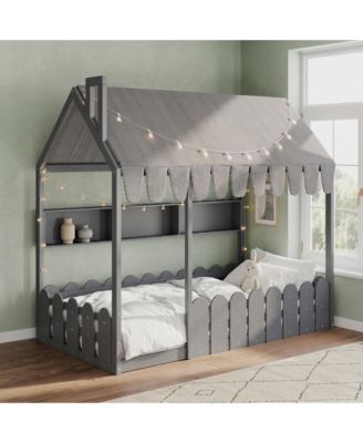 Twin Size Montessori House Bed for Kids, Floor Bed with Fence Railings, Slats not included