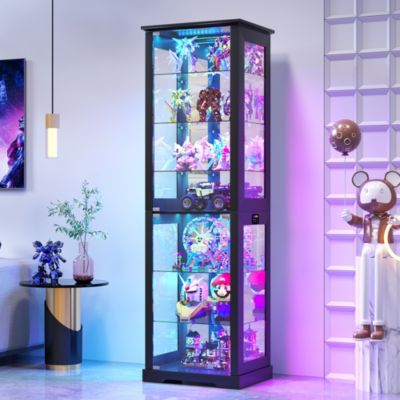 70'' Tall Glass Display Cabinet with RGB Sensor Lights and Multi-Tier Shelves