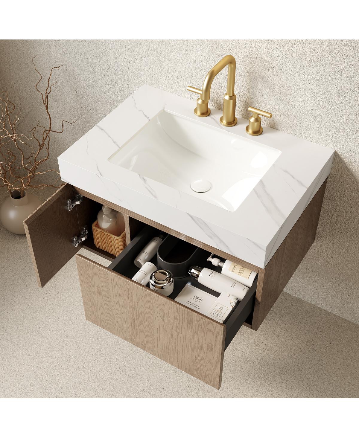 Sillysis Wall Mounted Bathroom Vanity, Carrara Sintered Stone Top, 3-Hole Ceramic Sink, Soft Close Cabinet