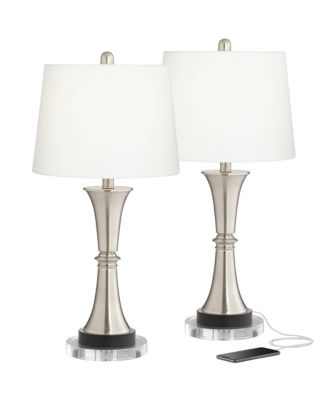 Seymore Modern Table Lamps Set of 2 with Round Risers 27" Tall Brushed Nickel USB Charging Port White Drum Shade for Living Room Desk