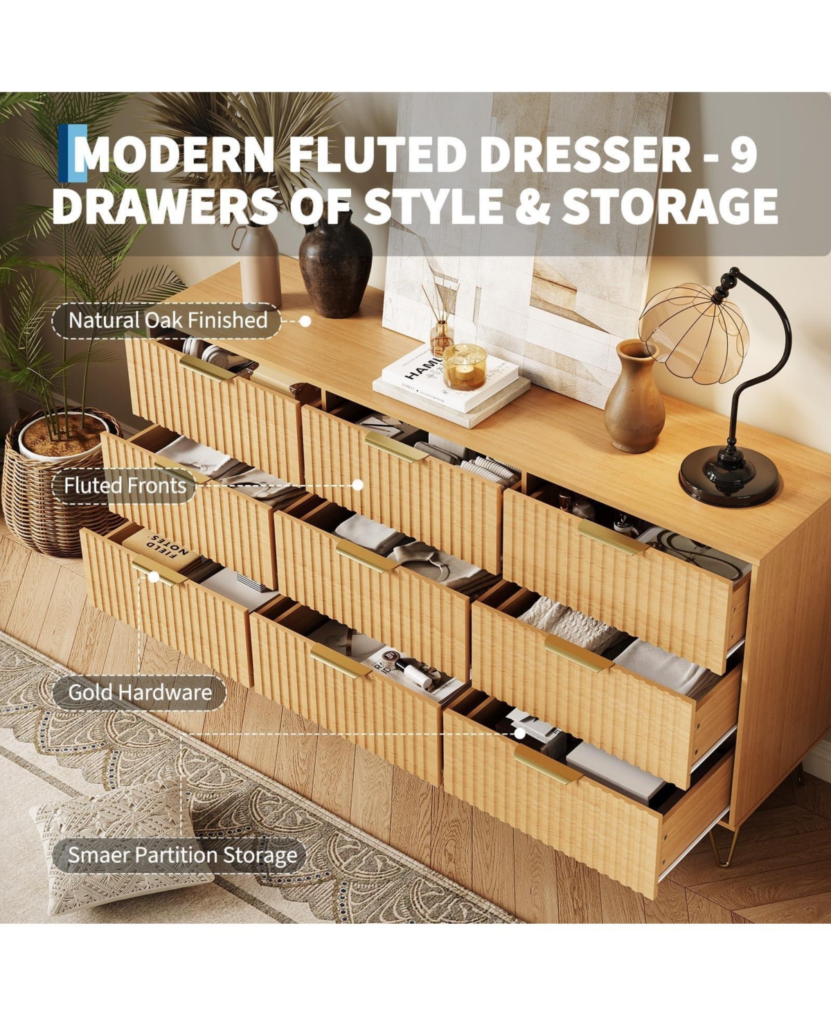 gaomon Fluted 9 Drawer Dresser for Bedroom, 63" Wide Wood Chest with Metal Handles Storage Cabinet