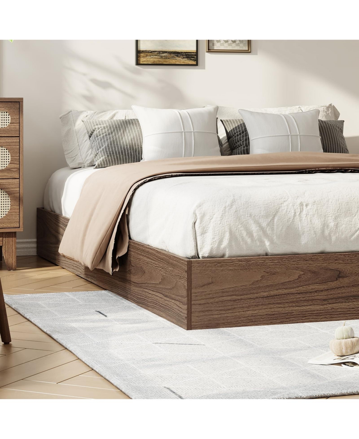 homfan Wood Platform Bed Frame,Bed Frame Without Headboard, Wood Slat Support,No Box Spring Needed