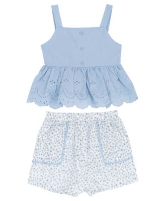 Girls' 2T-6X Eyelet Ruffle Tank and Printed Paper Bag Shorts, 2-Piece Set