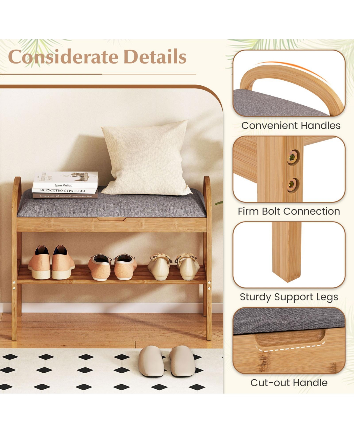 Slickblue Wicker Shoe Bench with Cushion and 2 Tier Storage Rack