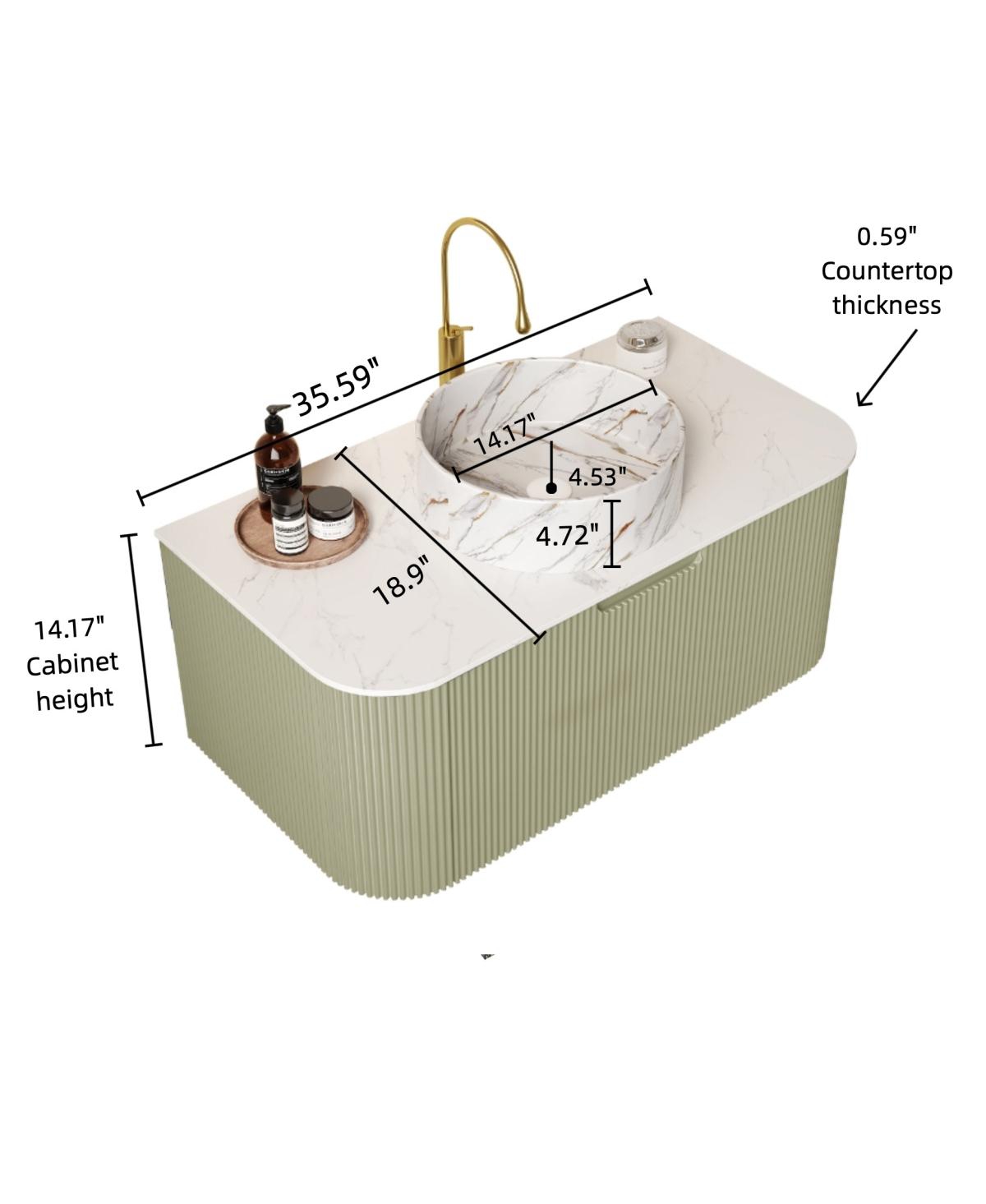 Sillysis Wall Mounted Bathroom Vanity, Artificial Marble Top with Round Ceramic Basin, 3D Striped Plywood Cabinet