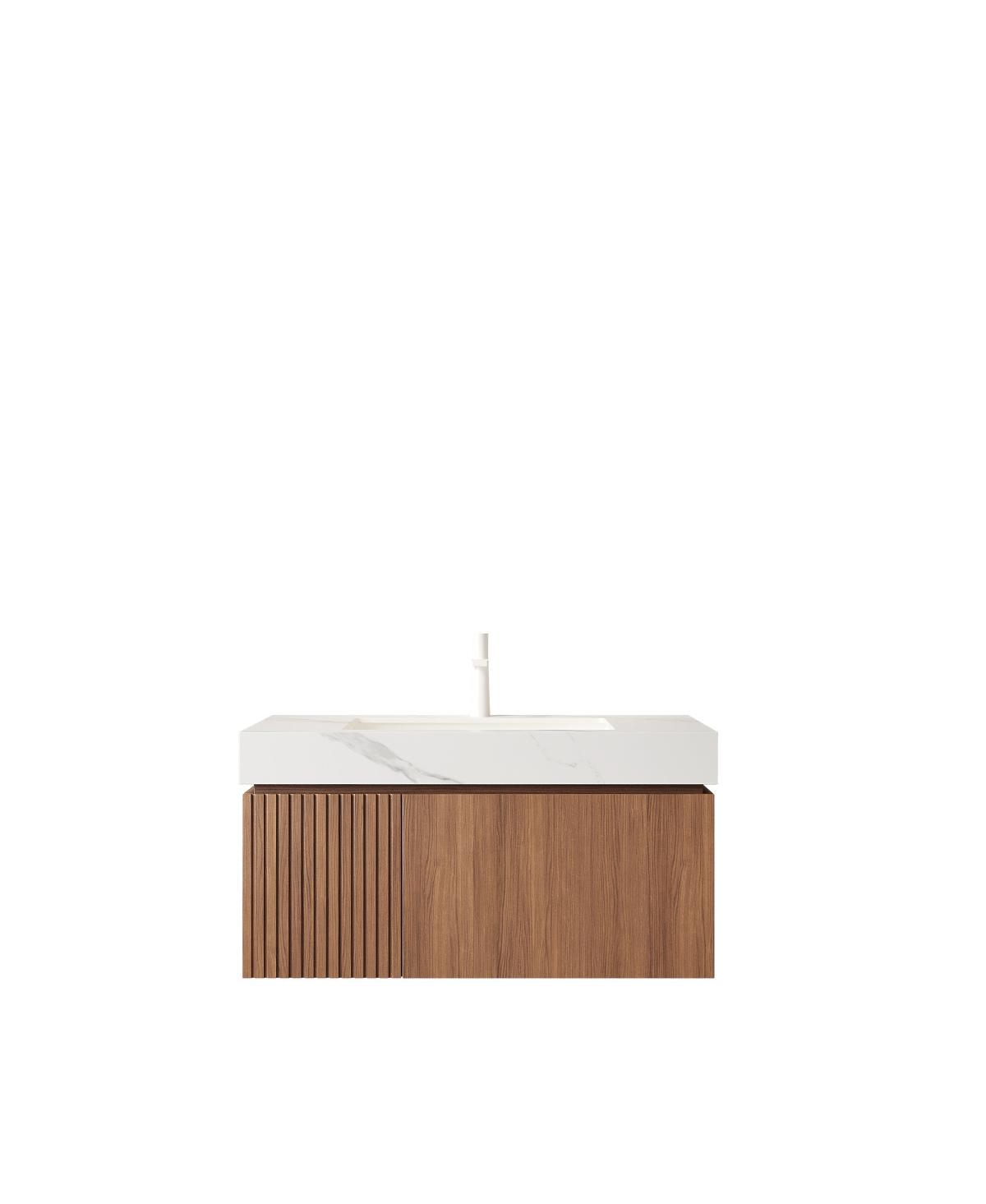 Sillysis Wall Mounted Bathroom Vanity, Carrara Sintered Stone Top, Undermount Ceramic Sink, Soft Close Door