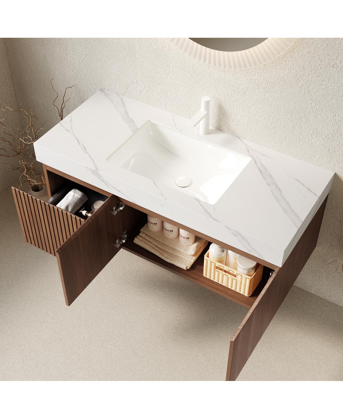 Sillysis Wall Mounted Bathroom Vanity, Carrara Sintered Stone Top, Undermount Ceramic Sink, Soft Close Door