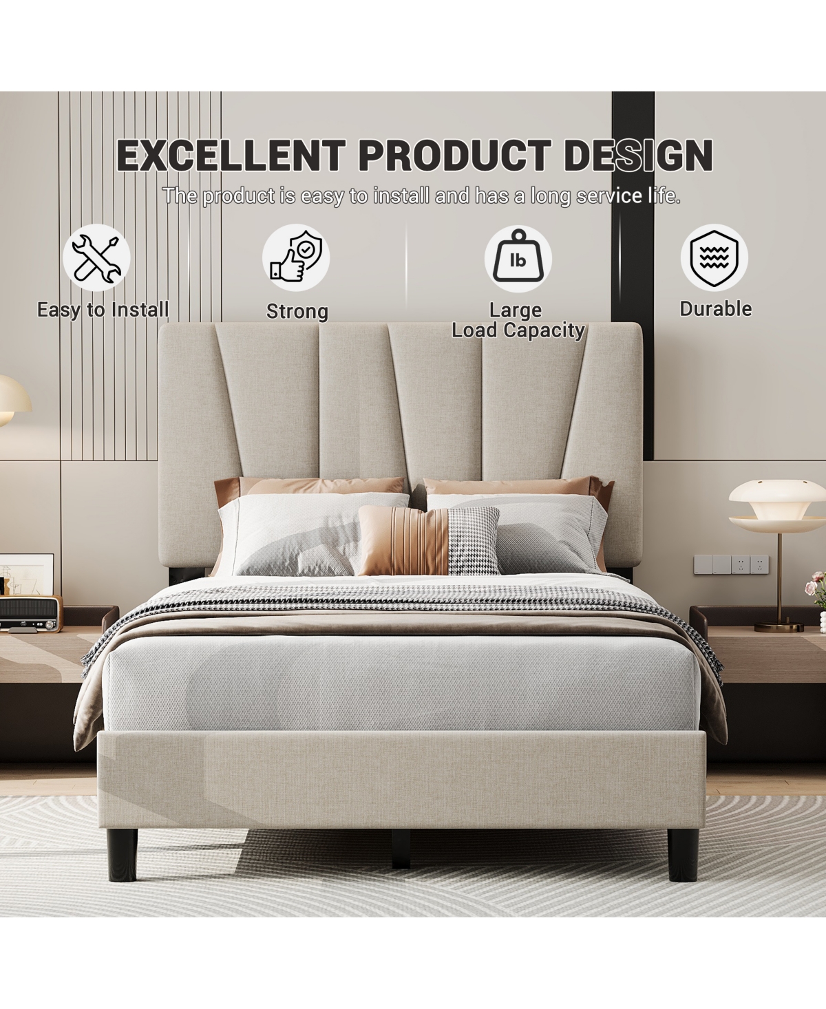 homfan Upholstered Platform Bed Frame with 3-Height Adjustable Headboard, Slat Support, No Box Spring Needed