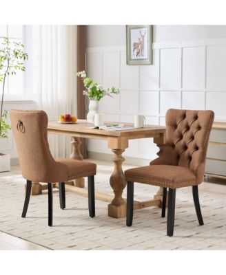 Nikki Collection Modern, High-end Tufted Solid Wood Contemporary Flax Upholstered Linen Dining Chair with Wood Legs Nailhead Trim 2-Pcs Set