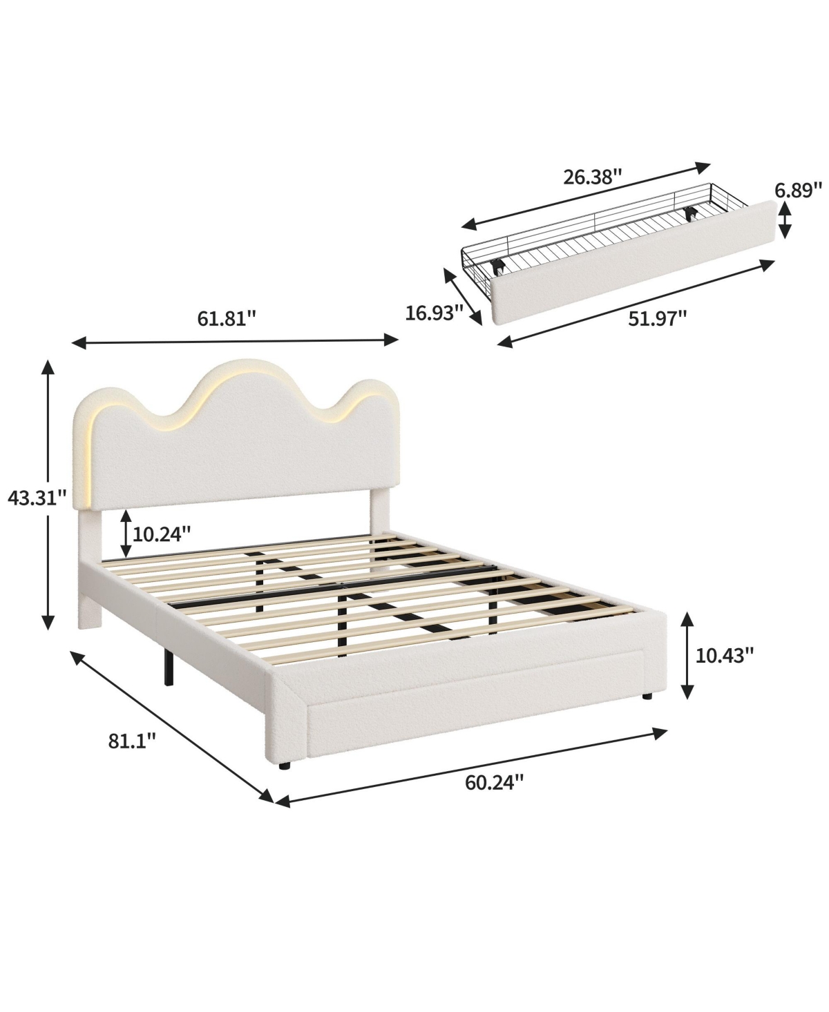 homfan Upholstered Led Platform Bed Frame with Flower Headboard and Storage Drawers, Wood Slat Support