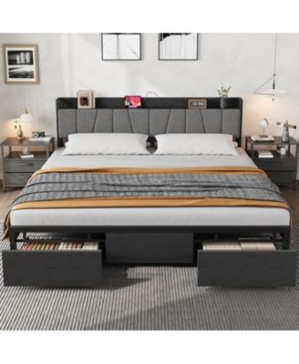 Bed Frame with Storage Headboard, Platform Bed with Large Drawer and Charging Station, Industrial No Box Spring Needed
