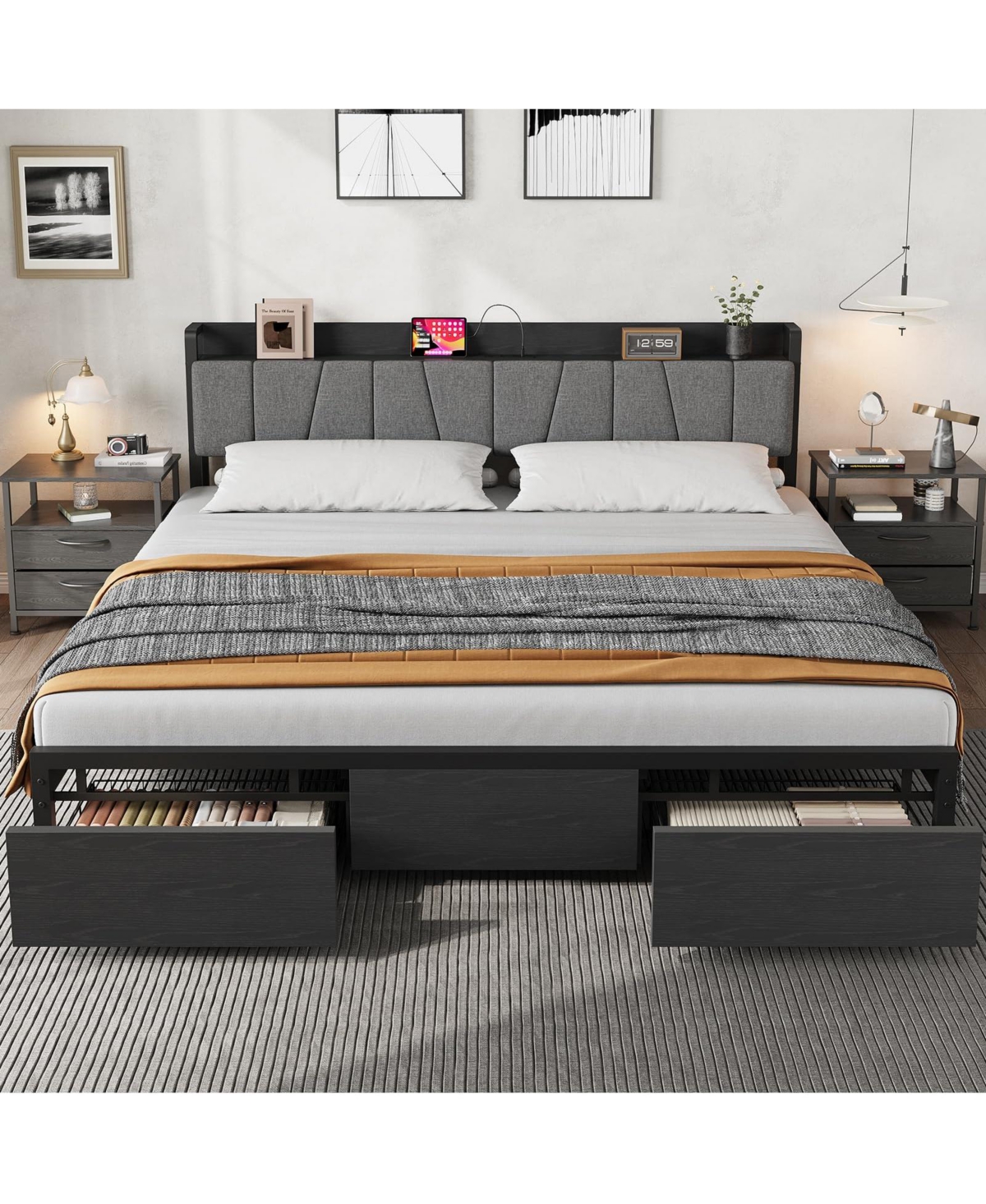 homfan Bed Frame with Storage Headboard, Platform Bed with Large Drawer and Charging Station