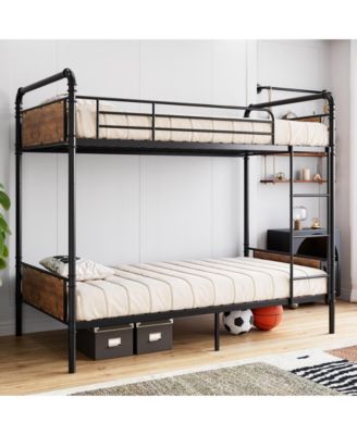 Twin Over Twin Metal Bunk Bed, Converts to 2 Single Beds, Detachable Ladder and Guardrails, Industrial Style with Board Accents
