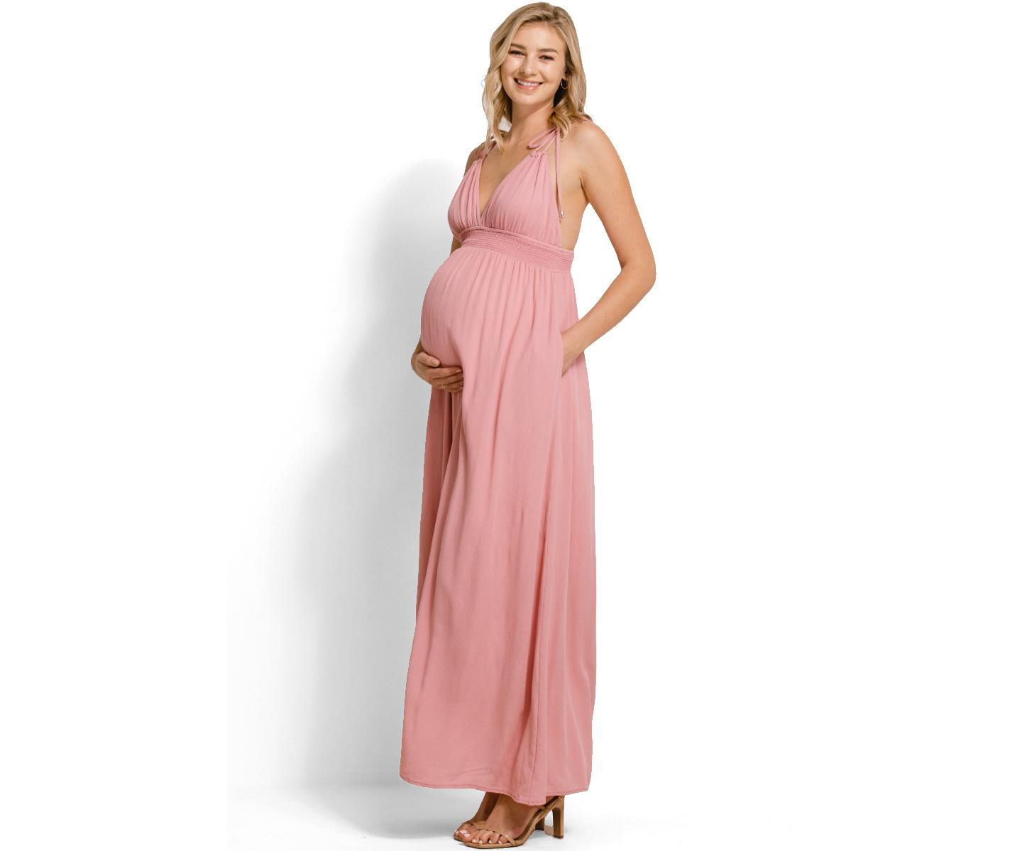 Женское платье Hello Miz V-Neck Tie Strap Empire Waist Maxi with Pockets, цвет: Розовый — фото 2