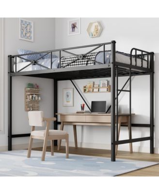 Metal Loft Bed Frame with Ladder and 15.0 in Guardrail, Space-Saving Loft Bed with Steel Slats, No Box Spring Needed