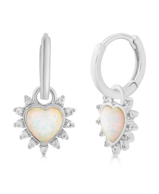 Elegant White Opal Halo Heart CZ Charm Hoops