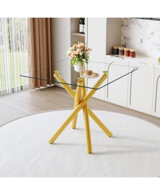 Modern Gold Cross-Leg Bar Table with Tempered Glass Top