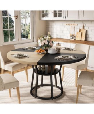 Round Dining Table with Storage Shelf for 4-6, Farmhouse Kitchen Table with Cross Base for Dining Room, Living Room, Apartment