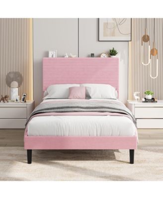Corduroy Upholstered Platform Bed Frame with USB Charging Station, Adjustable Storage Headboard, Wood Slat Support
