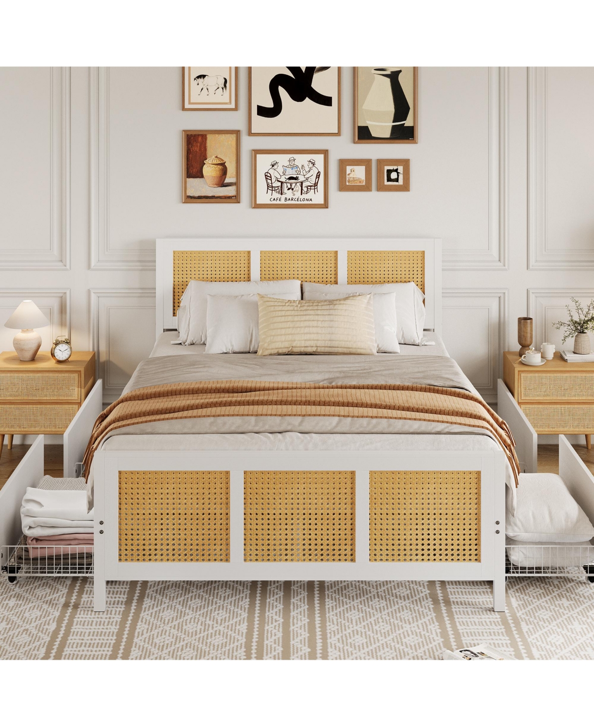 homfan Rattan Platform Bed Frame with Led Headboard and 4 Drawers