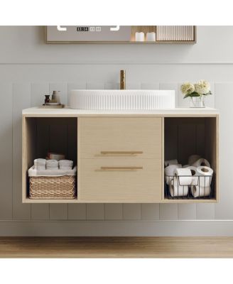   Modern Solid Wood Floating Bathroom Vanity, Single Sink Oval Ceramic Sink, Soft-Close Drawers Open Shelf